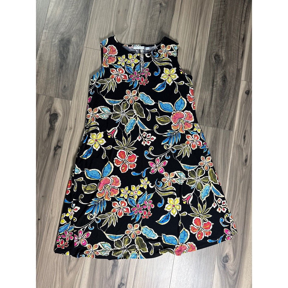 Susan Graver Tropical Floral Sleeveless Knit Dress Black Pink Blue Gold Detail L